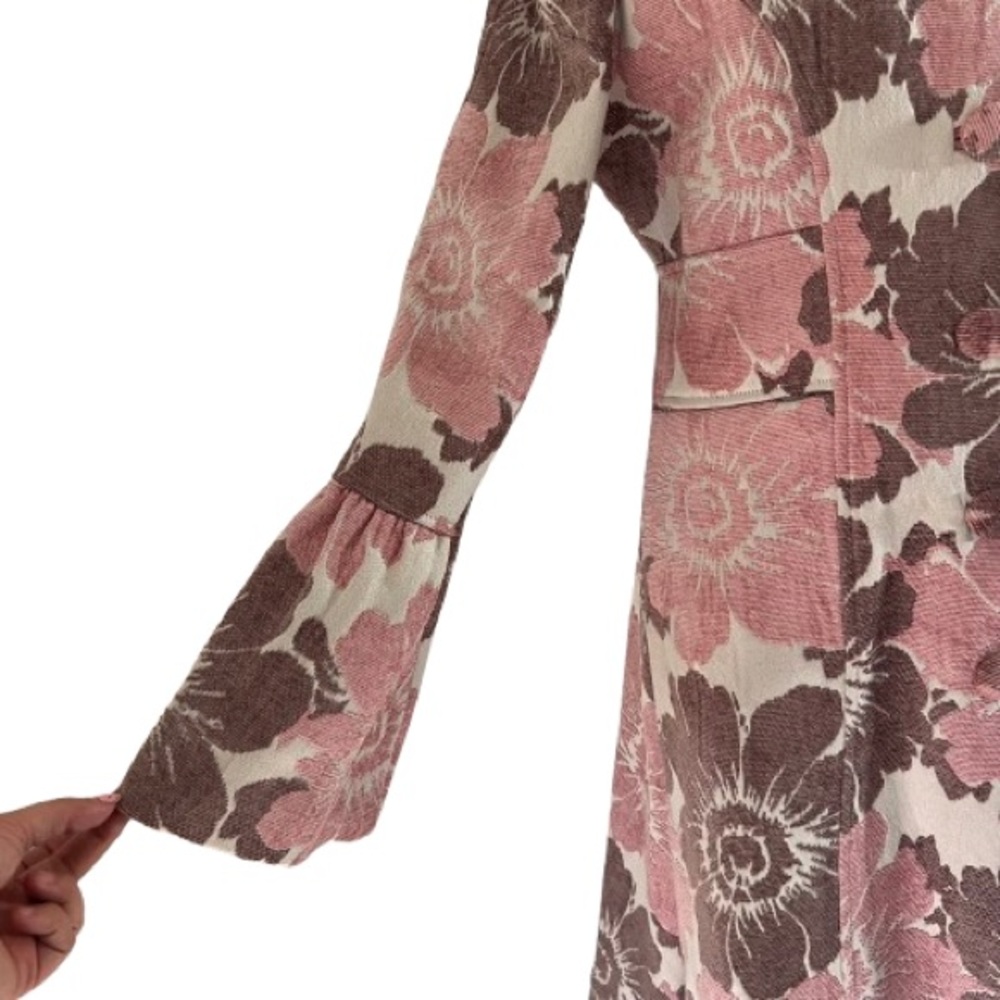 Anthropologie Pink Floral Bell Sleeve Long Winter Coat Size 12 Flocked Coquette - Picture 2 of 8